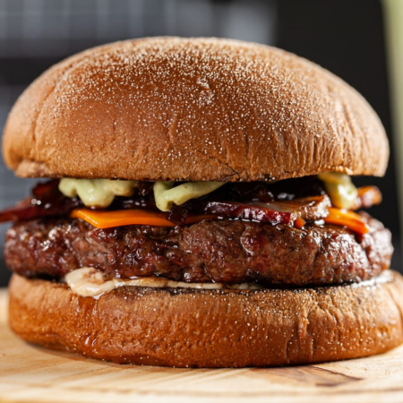 Pão australiano, molho da casa, molho 180g, cheddar, bacon, cebola caramelizada e ervas