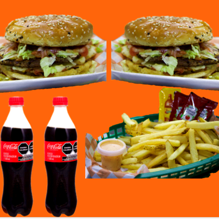 COMBO 3: 2 HAMBURGUESAS, PAPAS, Y 2 REFRESCOS