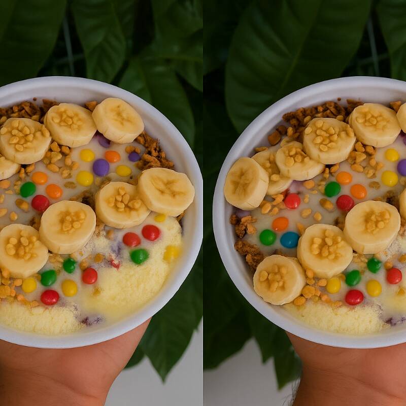 Não resista! Açaí cremoso com leite condensado, leite em pó, granola, banana,m&m, farinha de amendoim