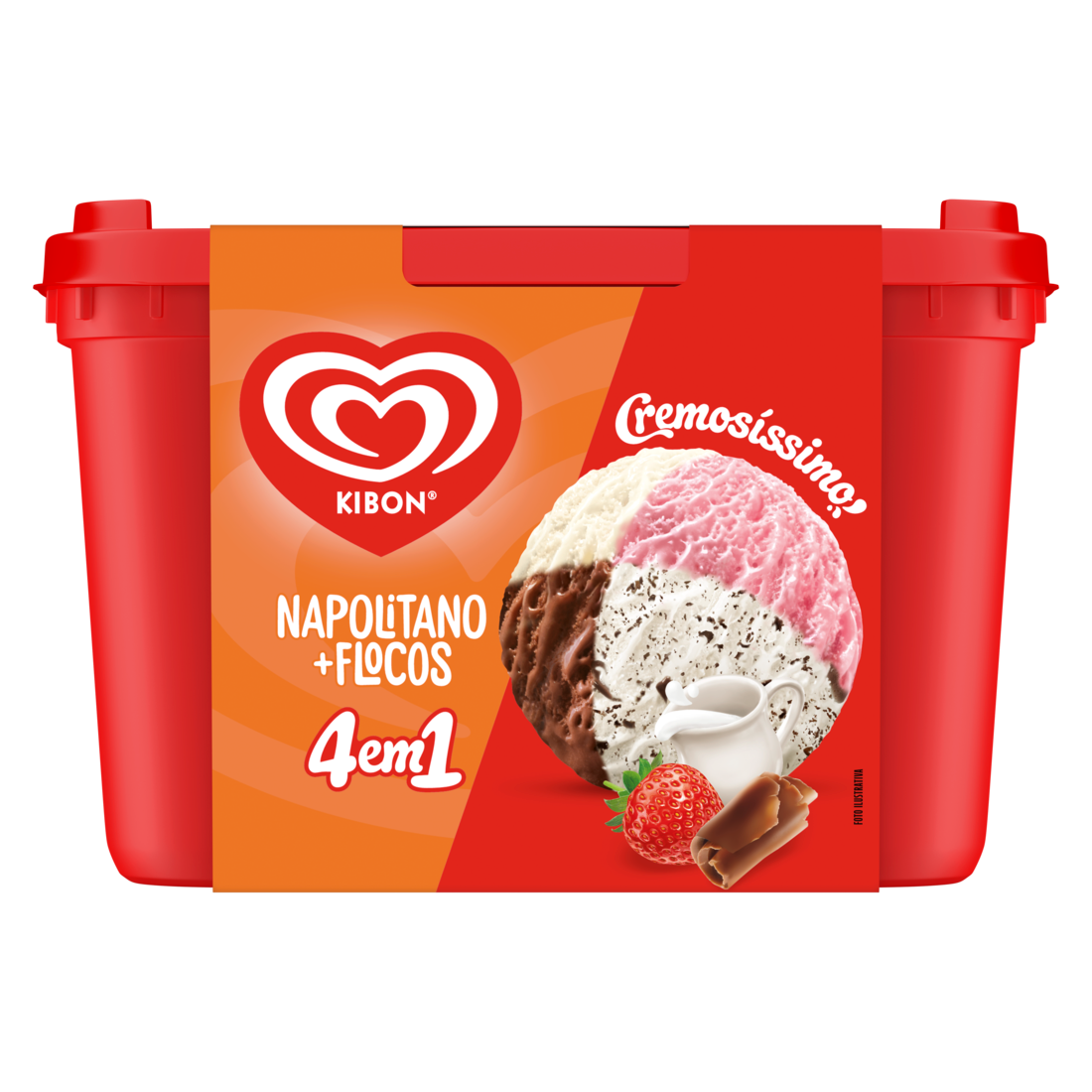 Para agradar todo mundo, agora tem sorvete de morango, baunilha, chocolate e flocos no mesmo pote. São os seus sabores preferidos bem juntinhos!