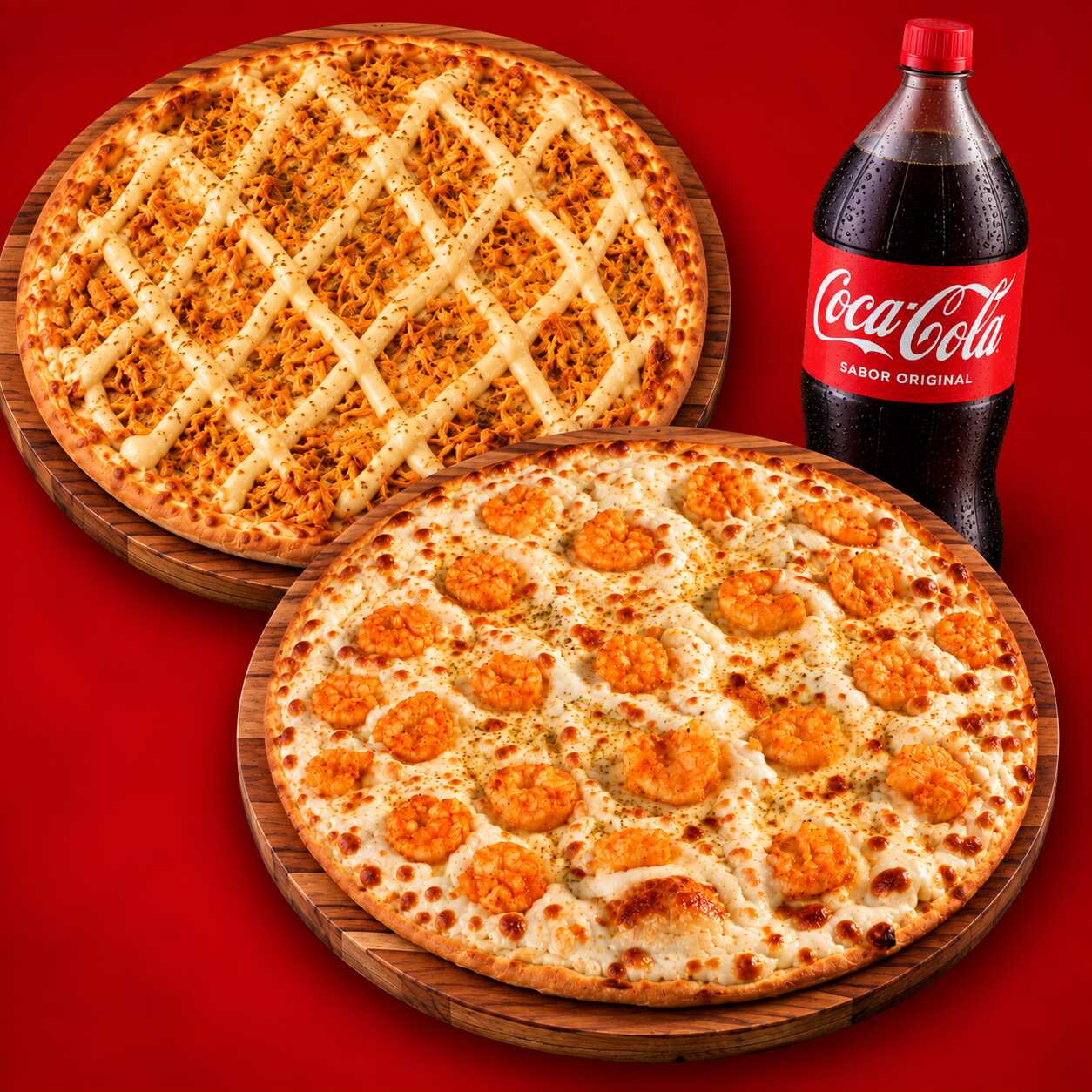 Duas pizzas médias (30cm cada) + refrigerante 1,5 litros grátis, combo perfeito pra fámilia!
