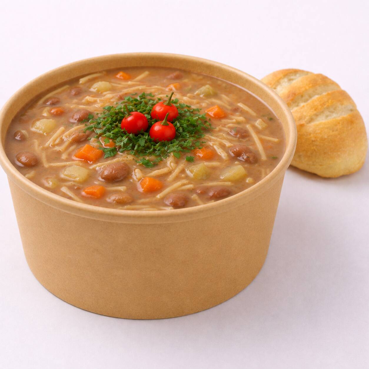 Caldo de Feijão com macarrão e legumes. Acompanha torradas. 500g