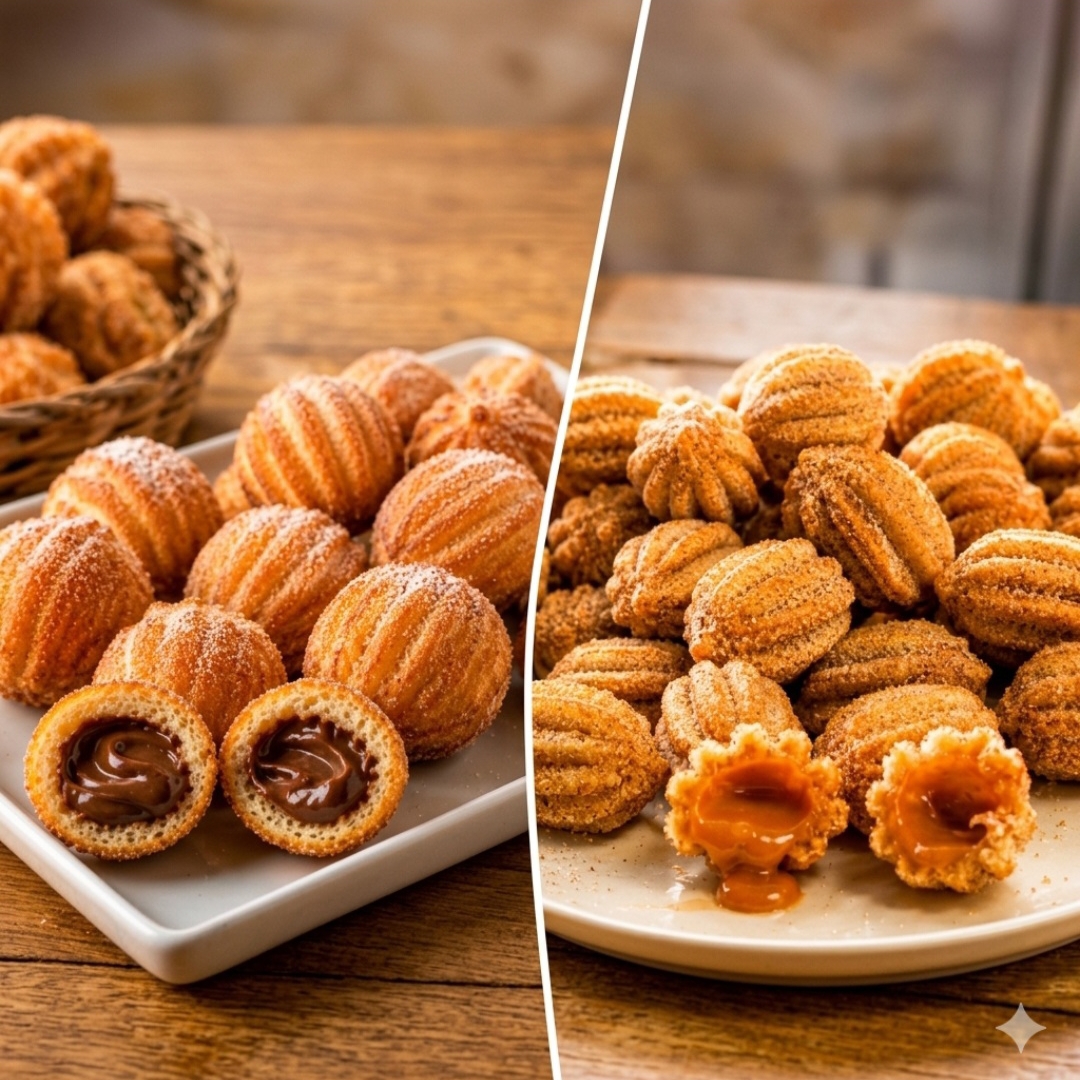 Perfeito para compartilhar! São 20 mini churros fresquinhos, sendo 10 de chocolate e 10 de doce de leite, polvilhados com açúcar e canela.