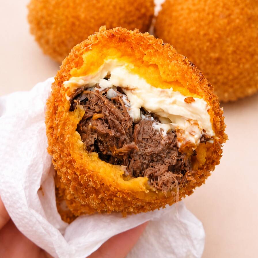 Coxinha de carne com cream cheese, uma combinação perfeita. Empanada na farinha panko, resulta em uma coxinha crocante e deliciosa.