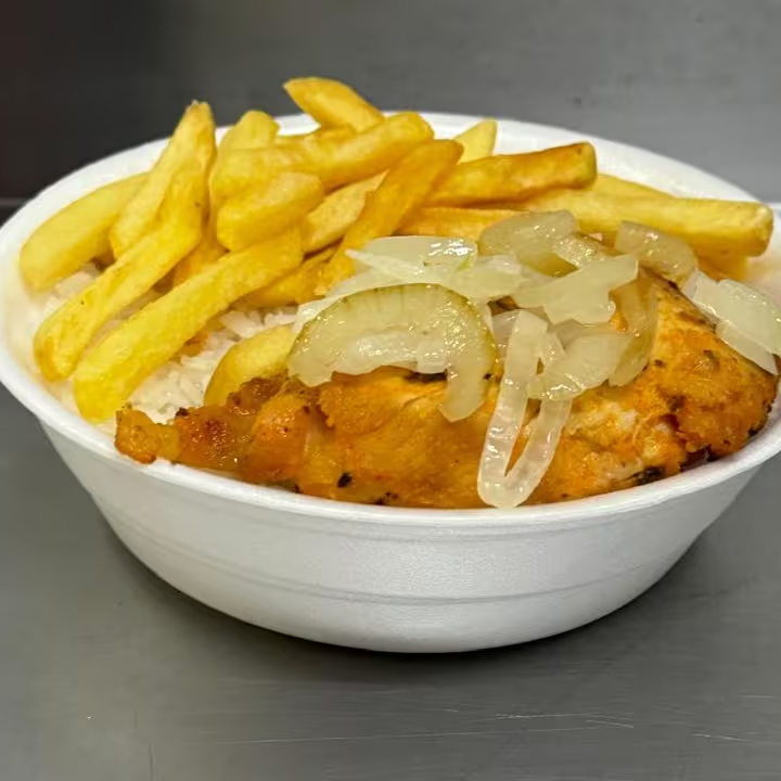 Arroz, Feijão, Frango Acebolado, Batata Frita