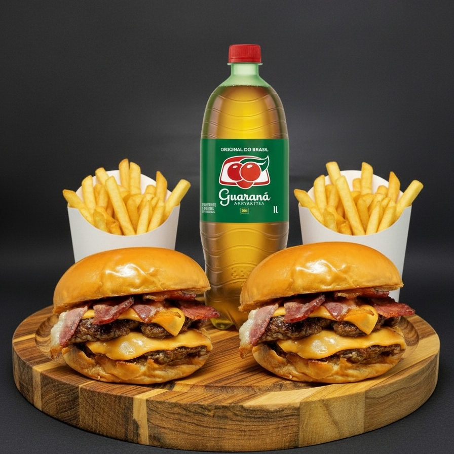 2 Carnes , 3 Fatias de Cheddar, Bacon Cubo,e molho a sua escolha,  2 Hamburguers + 2 Batata +1 Guarana 1l