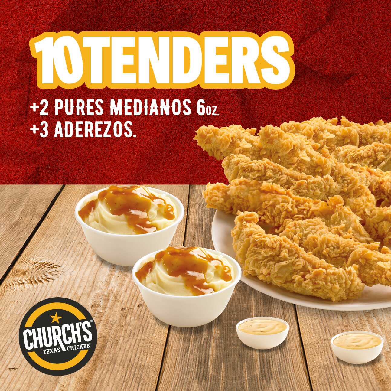 10 Tenders, 2 Pures Medianos y 3 Aderezos.