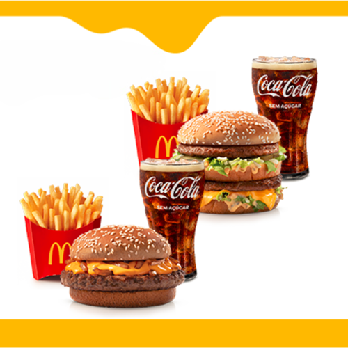 São 2 McOfertas Médias Clássicas para você compartilhar com quem preferir #Méquinosofá. Escolha 2 (dois) sanduíches entre as opções: Big Mac, Cheddar McMelt, Quarterão com Queijo, McChicken, McChicken Bacon, Duplo Burger com Queijo, Duplo Burger Bacon McNífico Bacon, Duplo Quarterão e Duplo Cheddar, 2 (duas) McFritas Médias e 2 (duas) Bebidas.