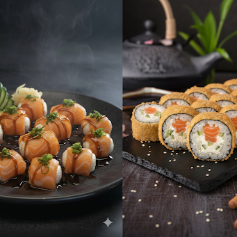 Delicadas fatias de salmão com creem chesse e molho do chefe + 15 hots super crocantes empanado na farinha panko.