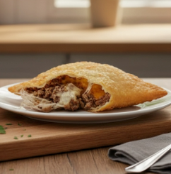 Pastel frio bem sequinho e crocante, recheado com carne bem temperada e muito queijo muçarela derretido, combinando sabor, cremosidade e crocância perfeita em cada mordida.