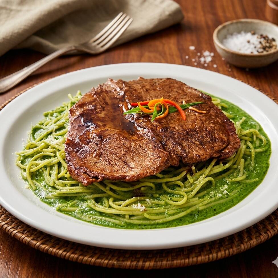 Tallarines Verdes con Bistec