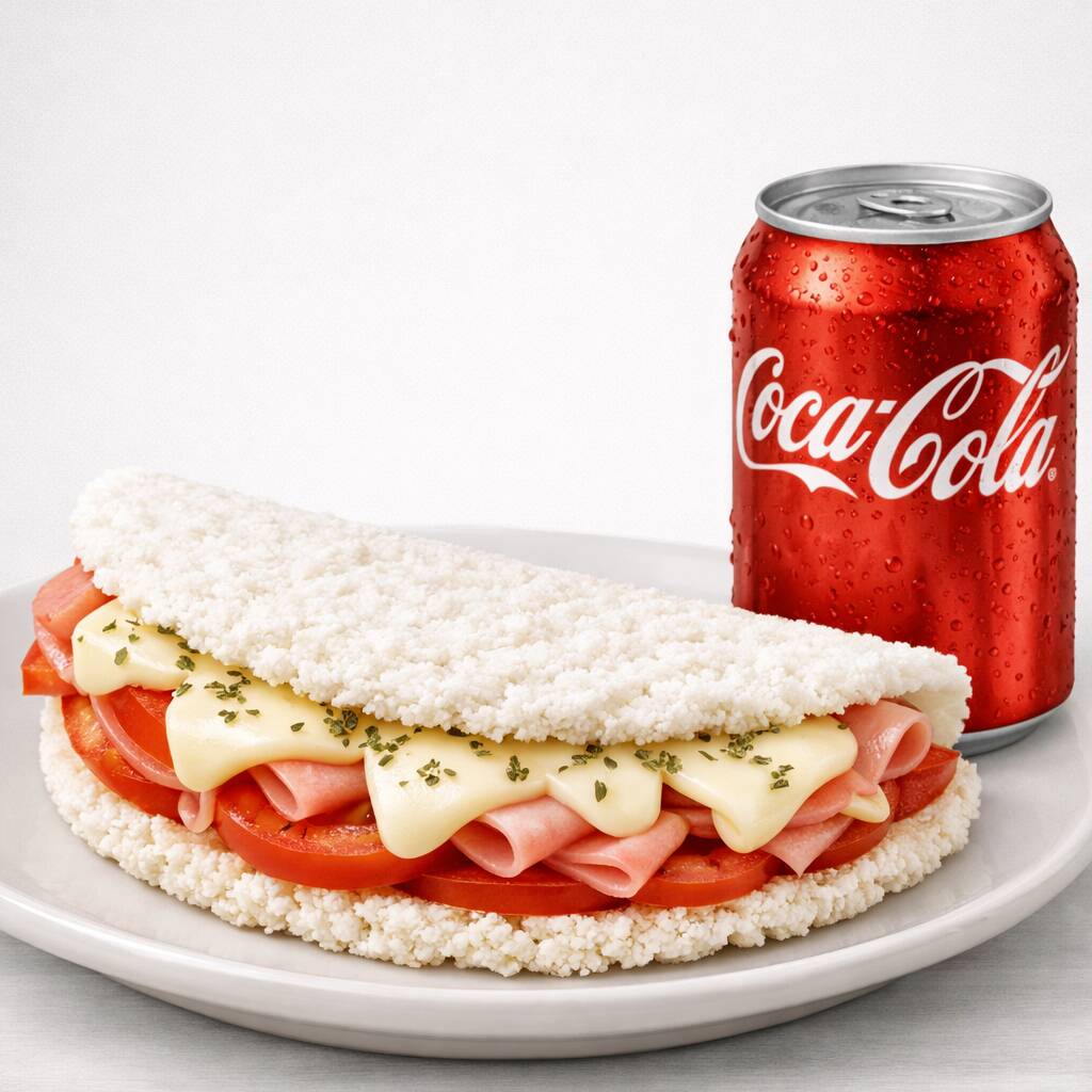 Tapioca de presunto com queijo minas + Coca-Cola lata