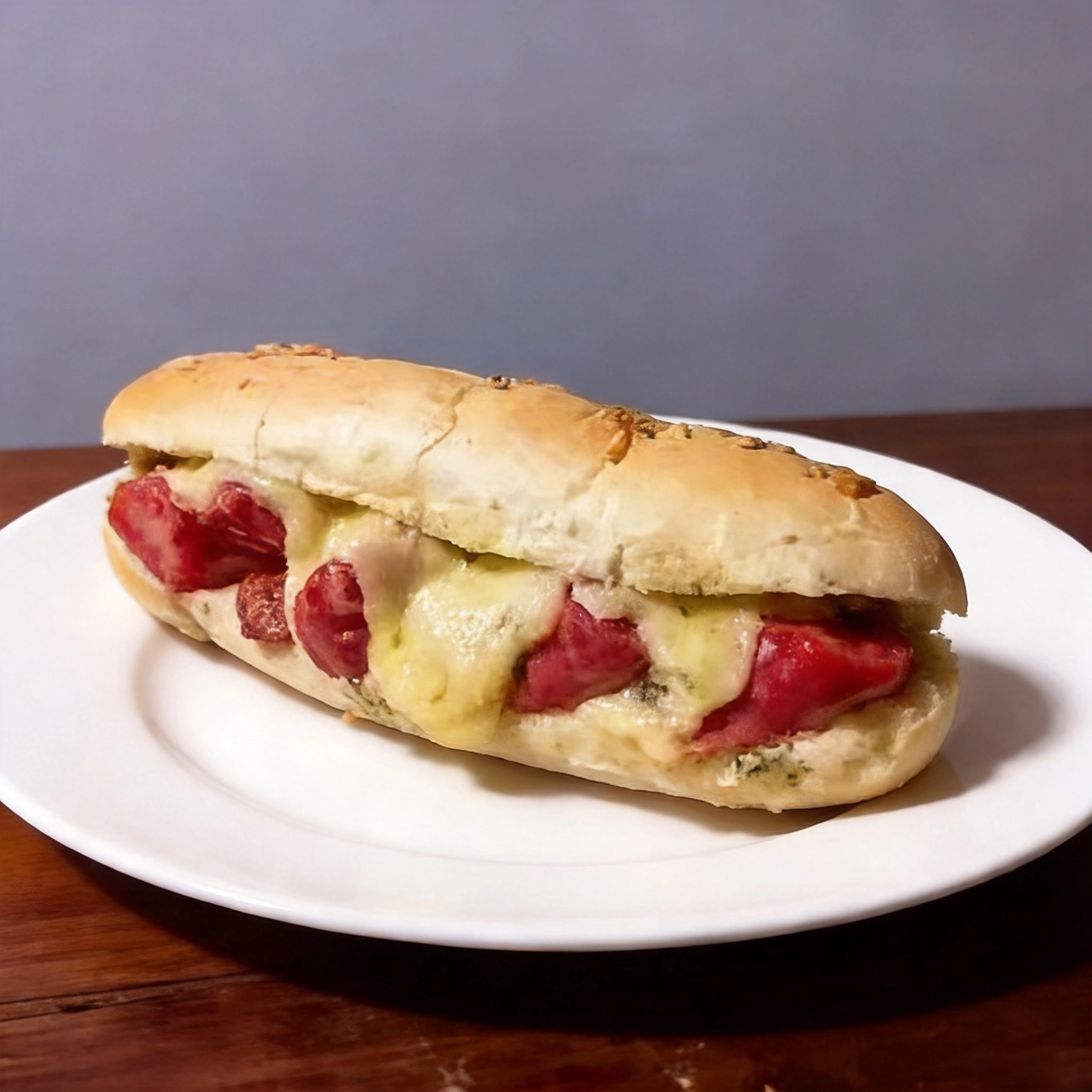 Pão com linguiça e queijo mussarela