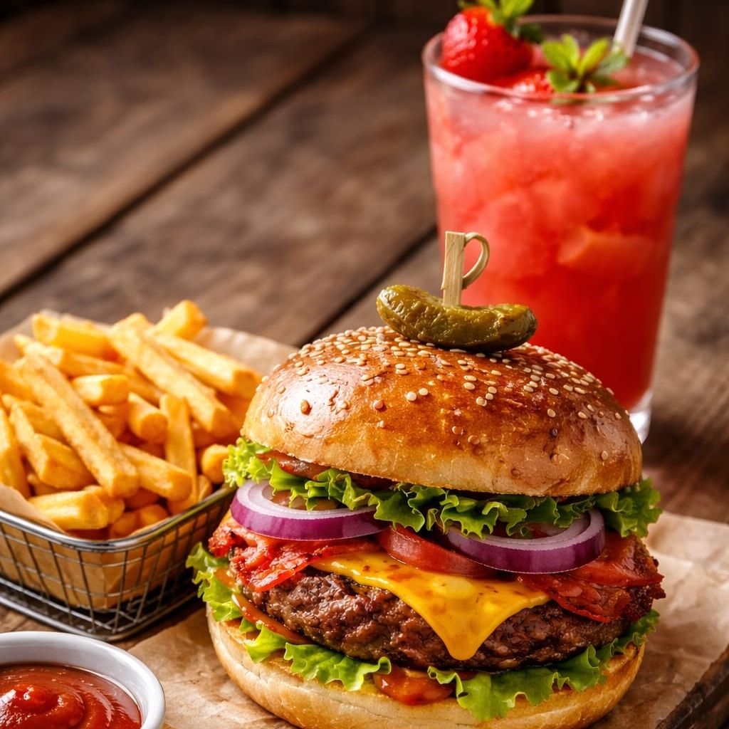 Hamburguesa con Doble Papas Fritas +fresco Natural