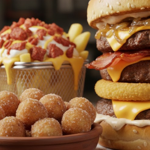 Acompanha 3 x burguer , batata frita com cheddar calabresa e catupury e 12 unidades de mini churros