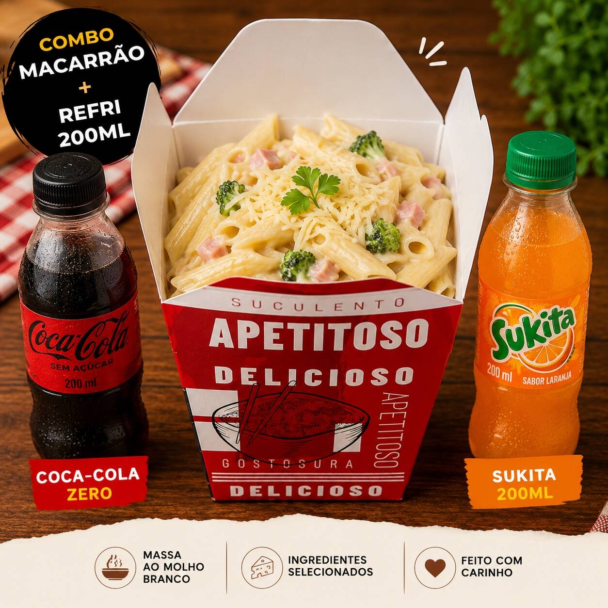 Macarrão Penne ao molho branco (Bechamel) requeijão cremoso sabor cheddar. Preparado com frango desfiado, bacon, brócolis fresquinho e finalizado com mussarela. Servido em um box de aproximadamente 600g. Combo Macarrão + refrigerante 200ml