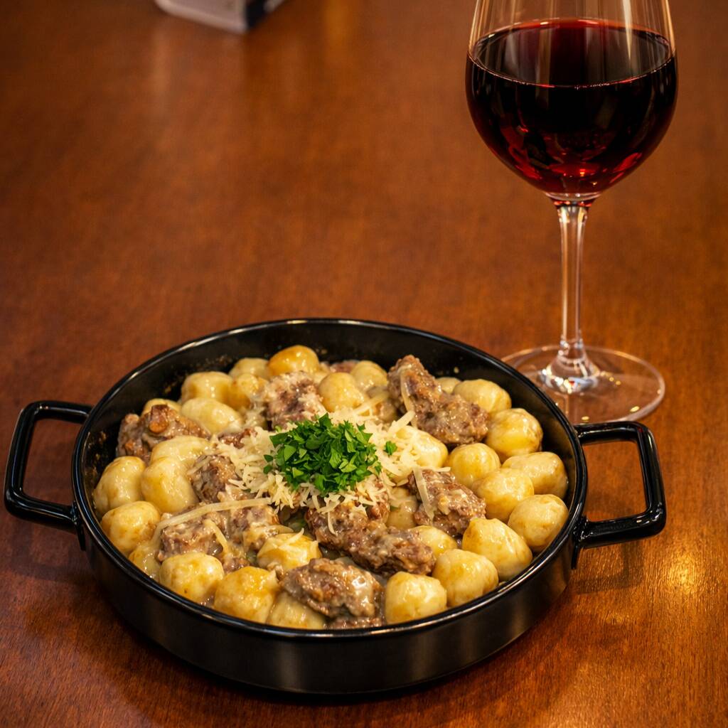 Nhoque artesanal servido com generosas lascas de filé mignon grelhado ao ponto, envolto em um molho cremoso de Vitelo. Finalizado com toque de ervas frescas e parmesão. Uma combinação perfeita de textura e sabor para quem busca conforto e sofisticação em cada garfada.