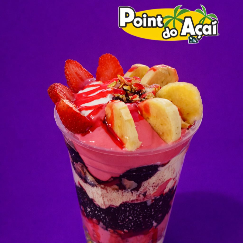 Delicioso Açaí com Leite em Pó,Mousse ,Banana, Sucrilhos,Chantilly,Morango,Cobertura e Granola