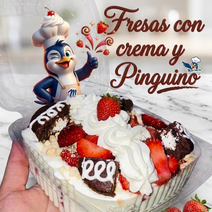 Fresas con crema en charola con pinguino 🍓🐧