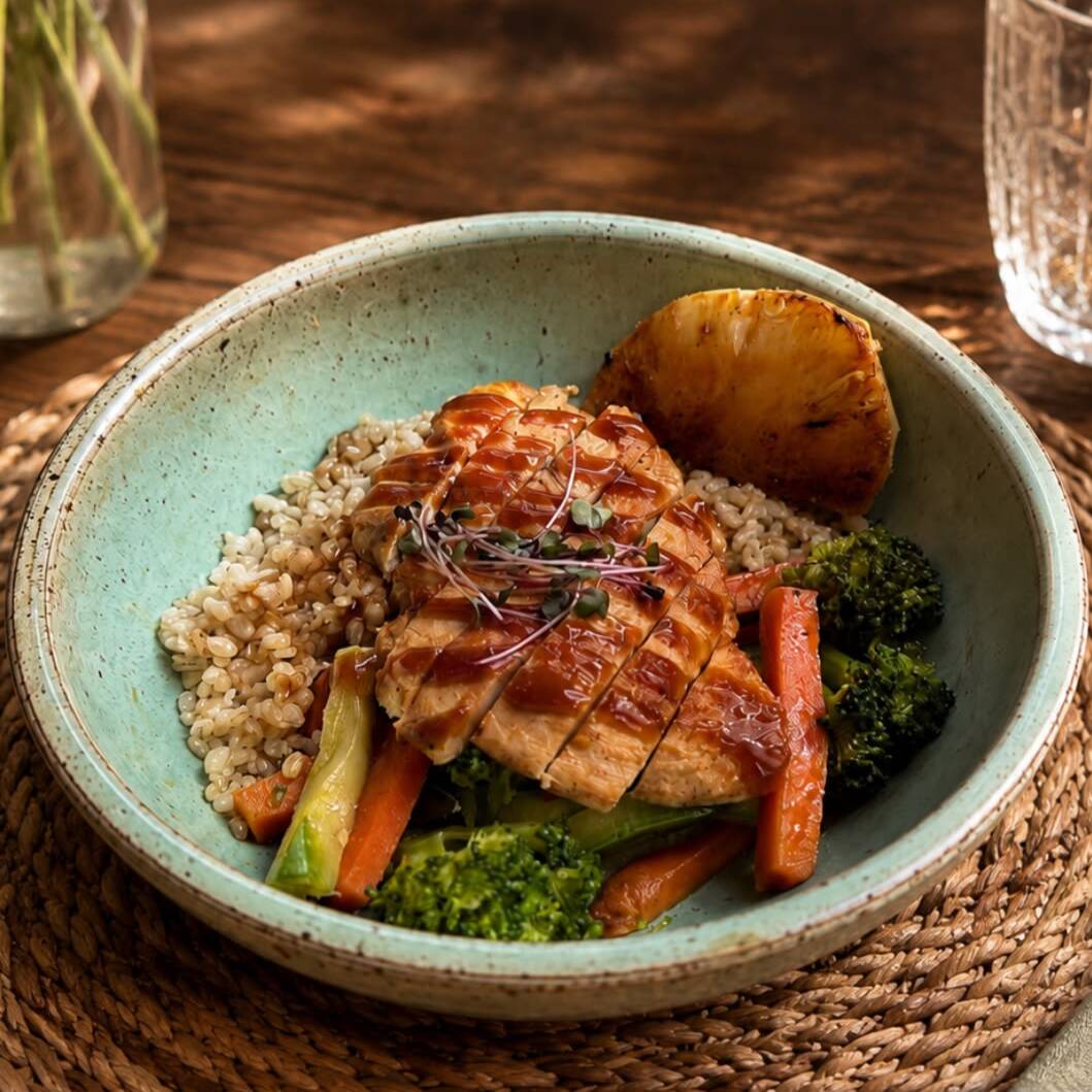 Frango grelhado ao molho teriyaki, acompanhado de arroz cateto, abacaxi grelhado levemente caramelizado e legumes salteados (brócolis, cenoura e abobrinha).