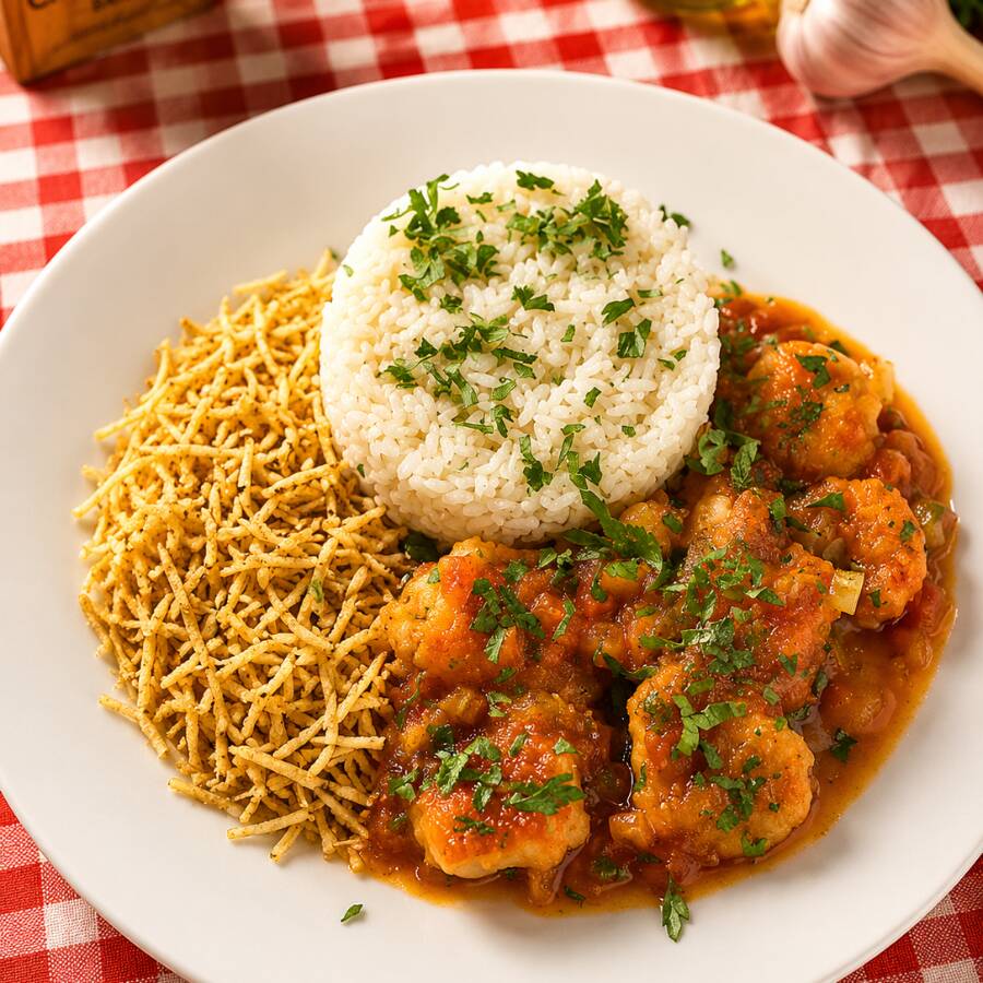 Acompanha arroz e batata palha do Casquinha.