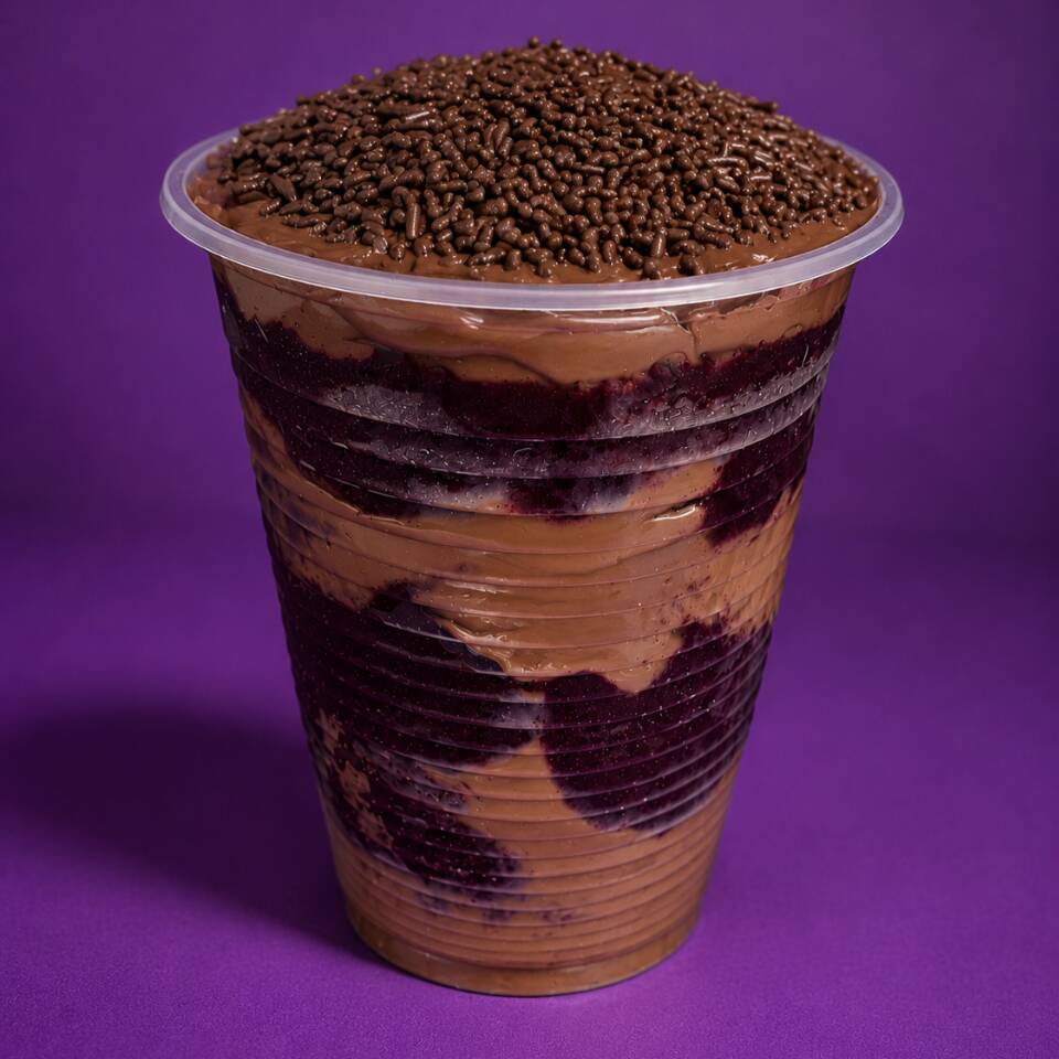 Nosso delicioso açaí de morango mesclado com camadas de creme de brigadeiro cremoso e granulados de chocolate para dar crocância.