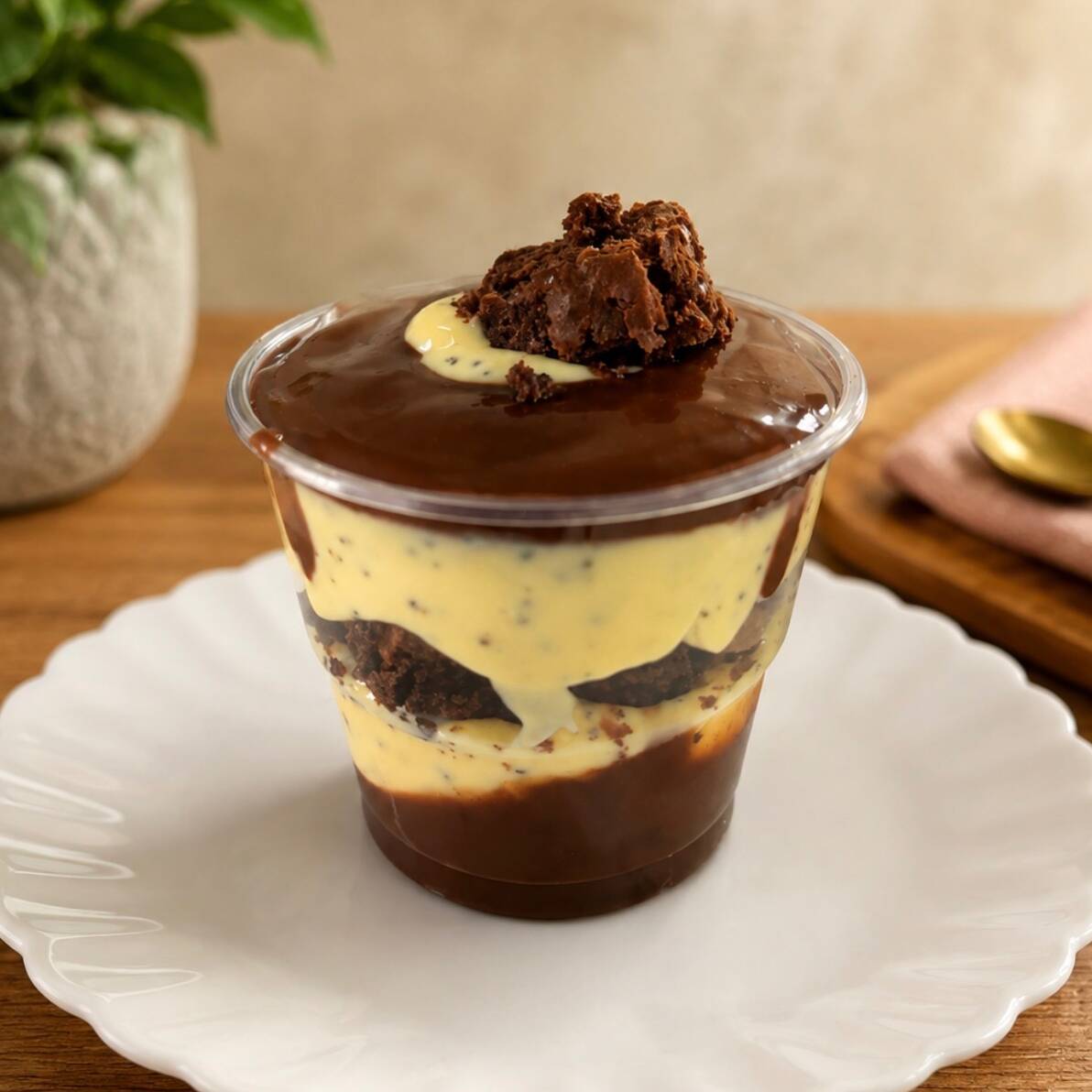 pedaços de brownie com mousse de maracujá feito da fruta e ganache de chocolate (aprox 180gr)