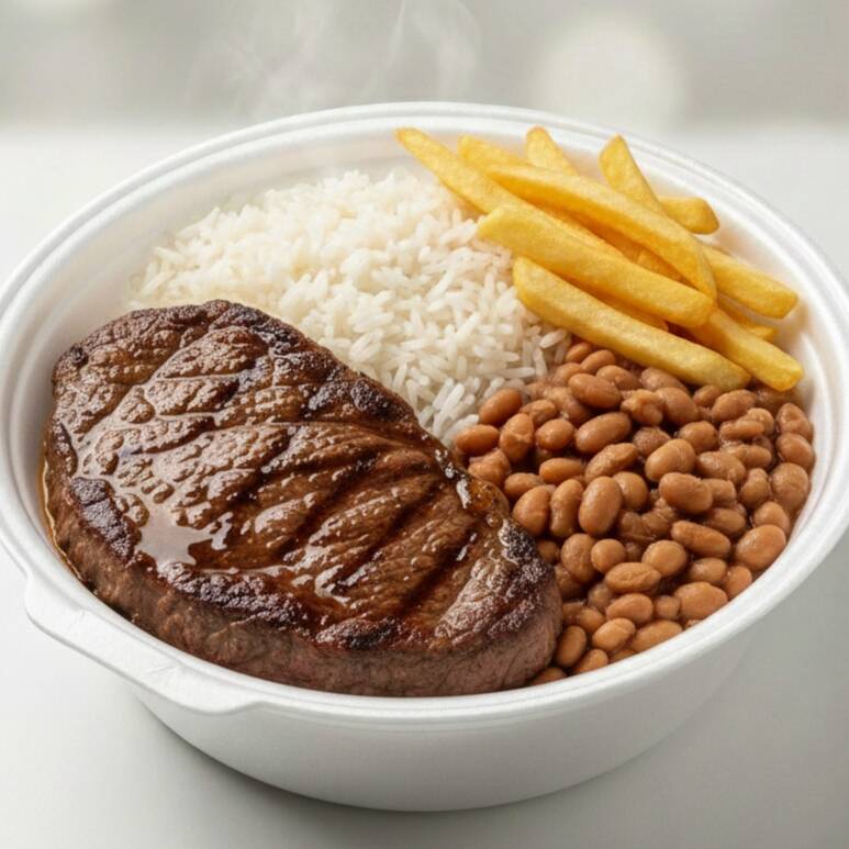 Guarnições: Arroz, Feijão, Batata Frita, Farofa e Salada.