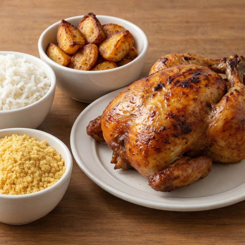 Delicie-se com nosso Frango Assado Suculento, uma estrela entre os Assados Da Casa. Este prato é uma combinação perfeita de sabores, começando pelo frango assado de dar água na boca, preparado meticulosamente para garantir a suculência e o sabor inigualável. O acompanhamento inclui um arroz soltinho, leve e saboroso, batatas assadas crocantes por fora e macias por dentro e, por último, mas não menos importante, uma farofa especial da casa, rica em temperos e com um toque crocante. É a combinação perfeita para uma refeição completa e saborosa.