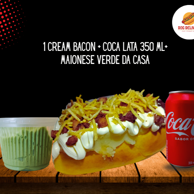 Pão caseiro, molho de tomate, 2 salsichas, milho, ketchup, mostarda, bacon em cubos, cream cheese, (creme de queijo) purê de batata, batata palha