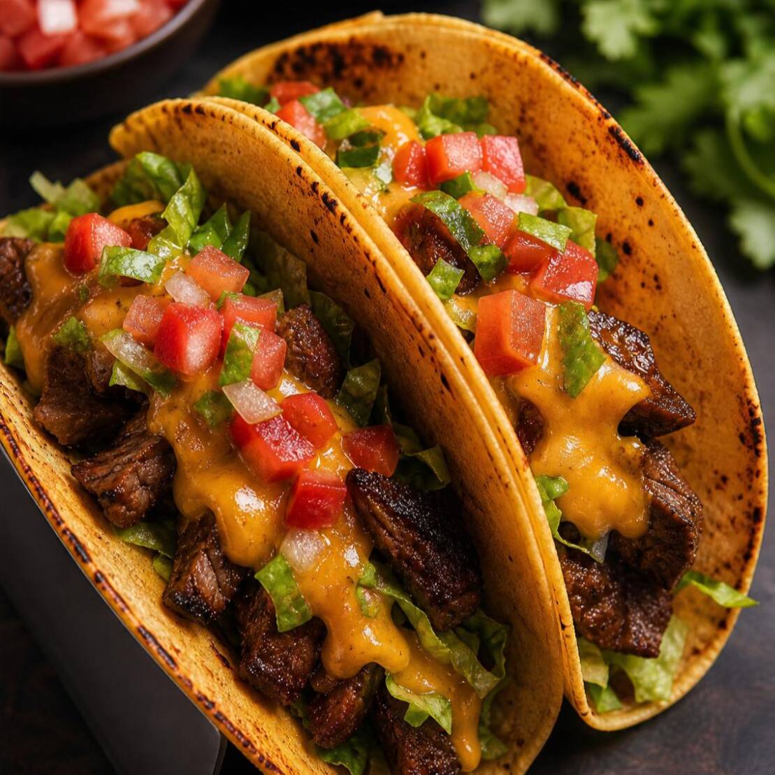 Dois tacos autênticos em tortilha de milho nixtamalizada, recheados com proteína suculenta (escolha entre carne bovina, carne suína ou frango), alface fresca, tomate, queijo cheddar, acompanhados de molhos caseiros. Sabor mexicano genuíno em cada mordida!