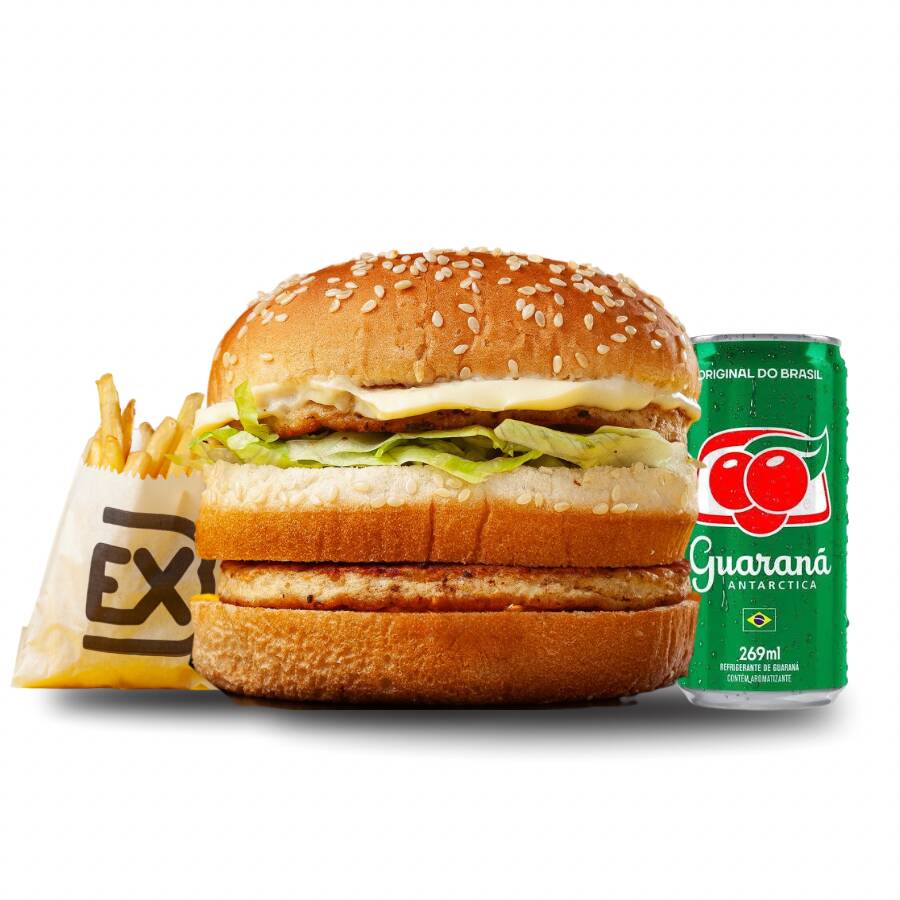 Pão de big, 2 hambúrguer tradicional de frango 56g, alface americana e requeijão cremoso + batata + refri 269ml