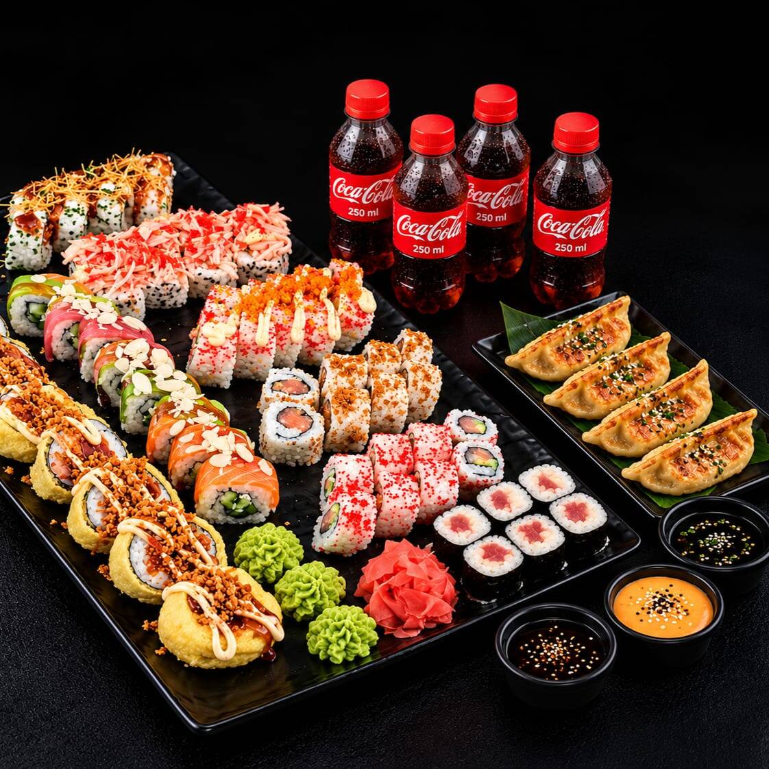 50 Piezas Sushi + 4 Té Fríos + 4 Gyozas + 2 Salsas