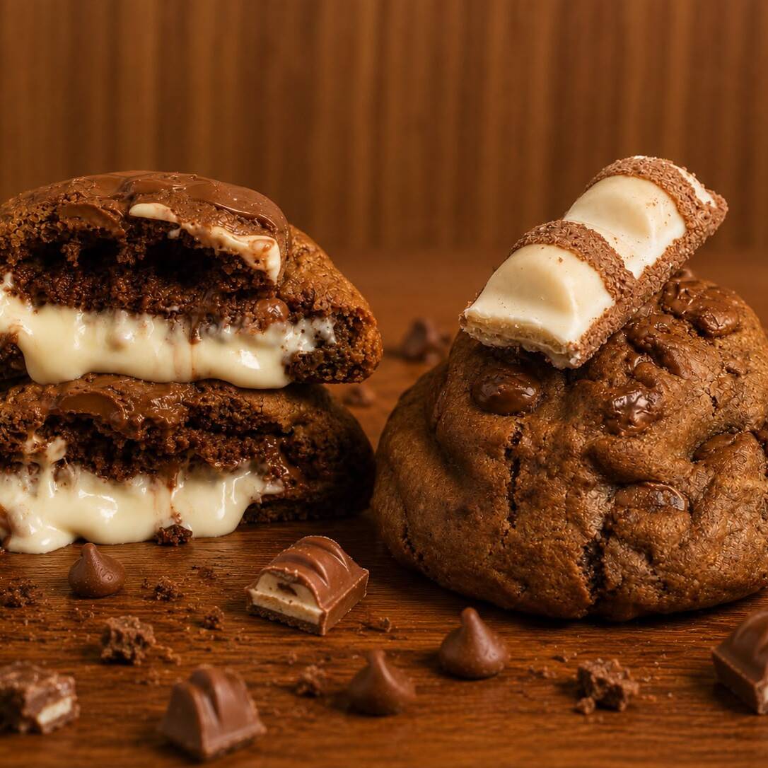 Massa de Chocolate. Gotas de chocolate ao leite nobre. Recheio de kinder.
