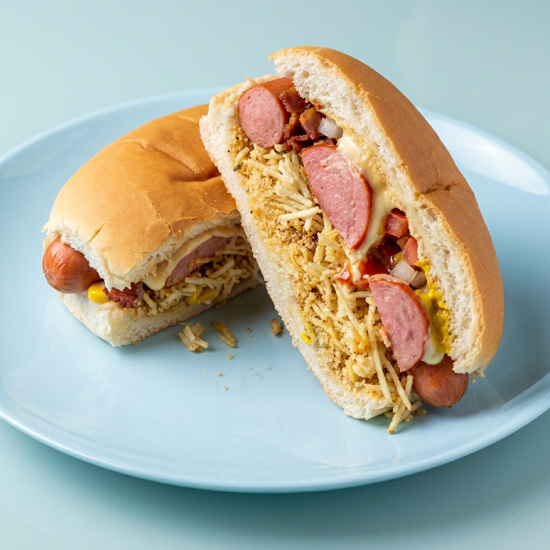 Maionese gourmet, catchupe, mostarda amarela, cebola, tomate, milho, 2 vinas, queijo, Bacon, Calabresa, farofa temperada , batata palha e pão grande.