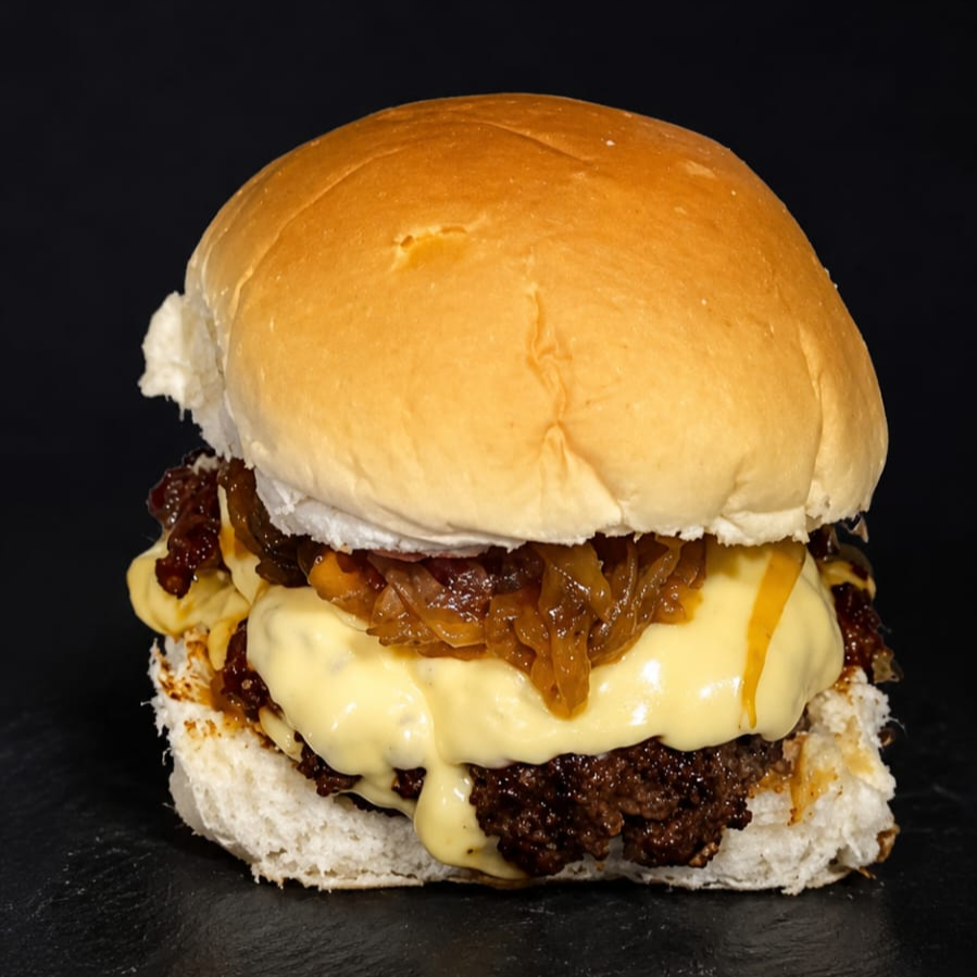 Pao, 2 carne smash, 2 queijo prato, cebola caramelizada