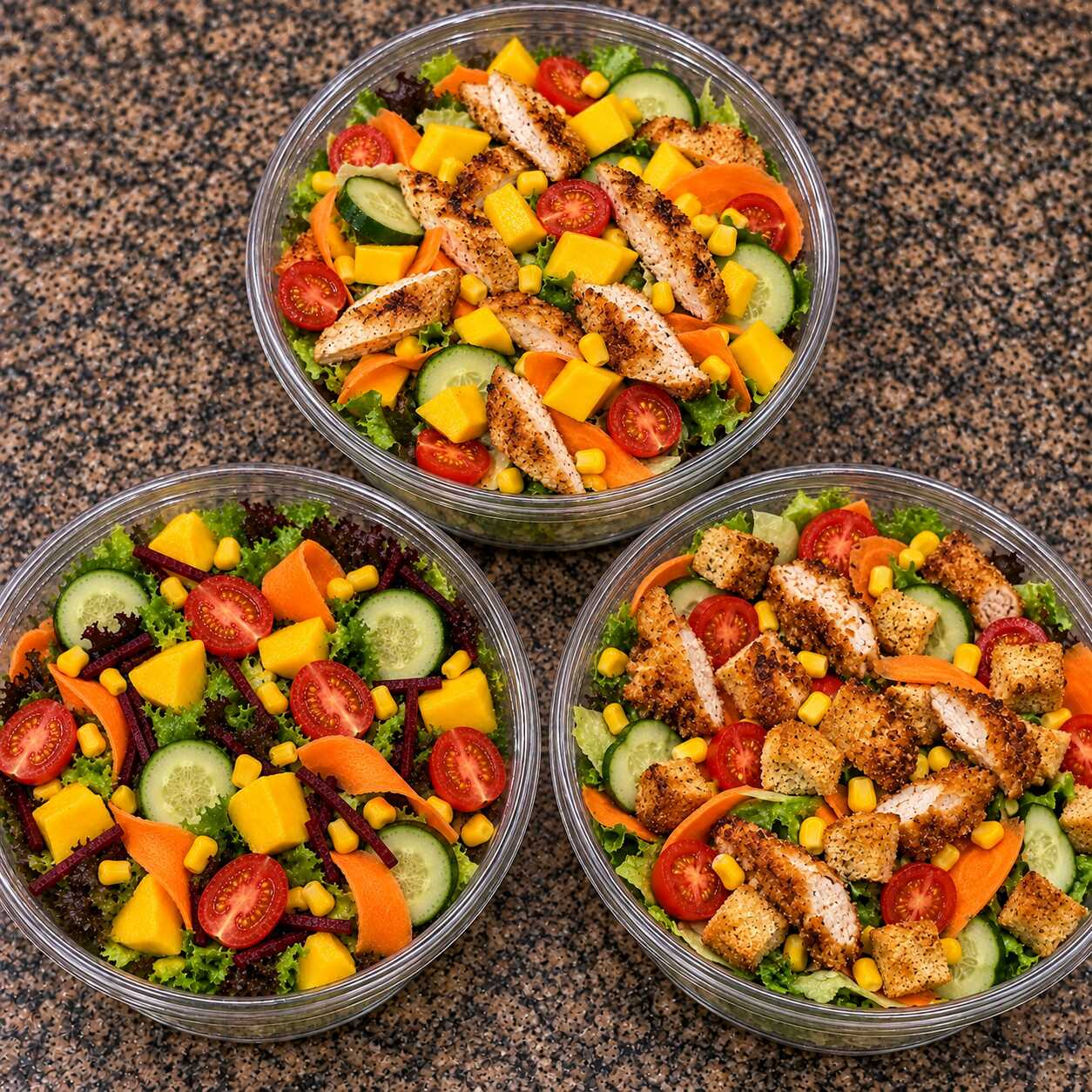Mais frescor, sabor e economia para o seu pedido! Aproveite 50% OFF e leve 3 deliciosas saladas, preparadas com ingredientes frescos e combinações caprichadas. Perfeito para compartilhar, pedir com a galera ou garantir refeições leves e saborosas pagando muito menos!