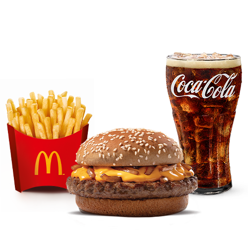 Um hambúrguer (100% carne bovina), molho lácteo com queijo tipo cheddar, cebola ao molho shoyu e pão escuro com gergelim, acompanhamento e bebida.