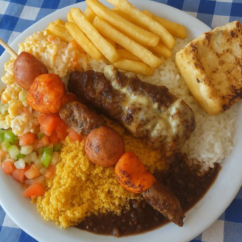 Arroz soltinho, feijão fresco e bem temperado, o melhor molho a campanha que você ja comeu, macarronese bem firme preparada com hellmans , farofa bem torradinha estilo nordestino, batatinhas fritas quentinhas  ... Dois espetos de churrasco a sua escolha e um pãozinho de alho , pq churrasco sem pão de alho não tem graça ...