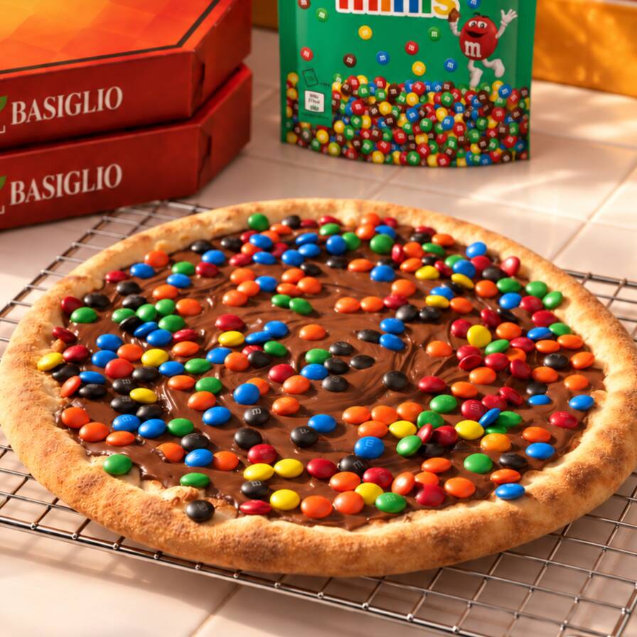 Edição Limitada em comemoração ao Mês da Criança. Pizza pequena (25cm, 6 fatias). Massa leve, de longa fermentação, coberta com chocolate cremoso derretido e M&Ms mini de chocolate ao leite.