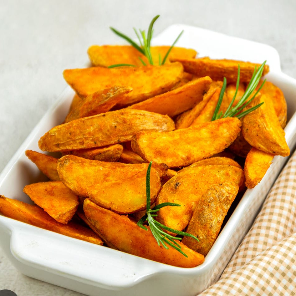Batata Rústica 480g acompanha queijo cheddar cremoso e bacon.