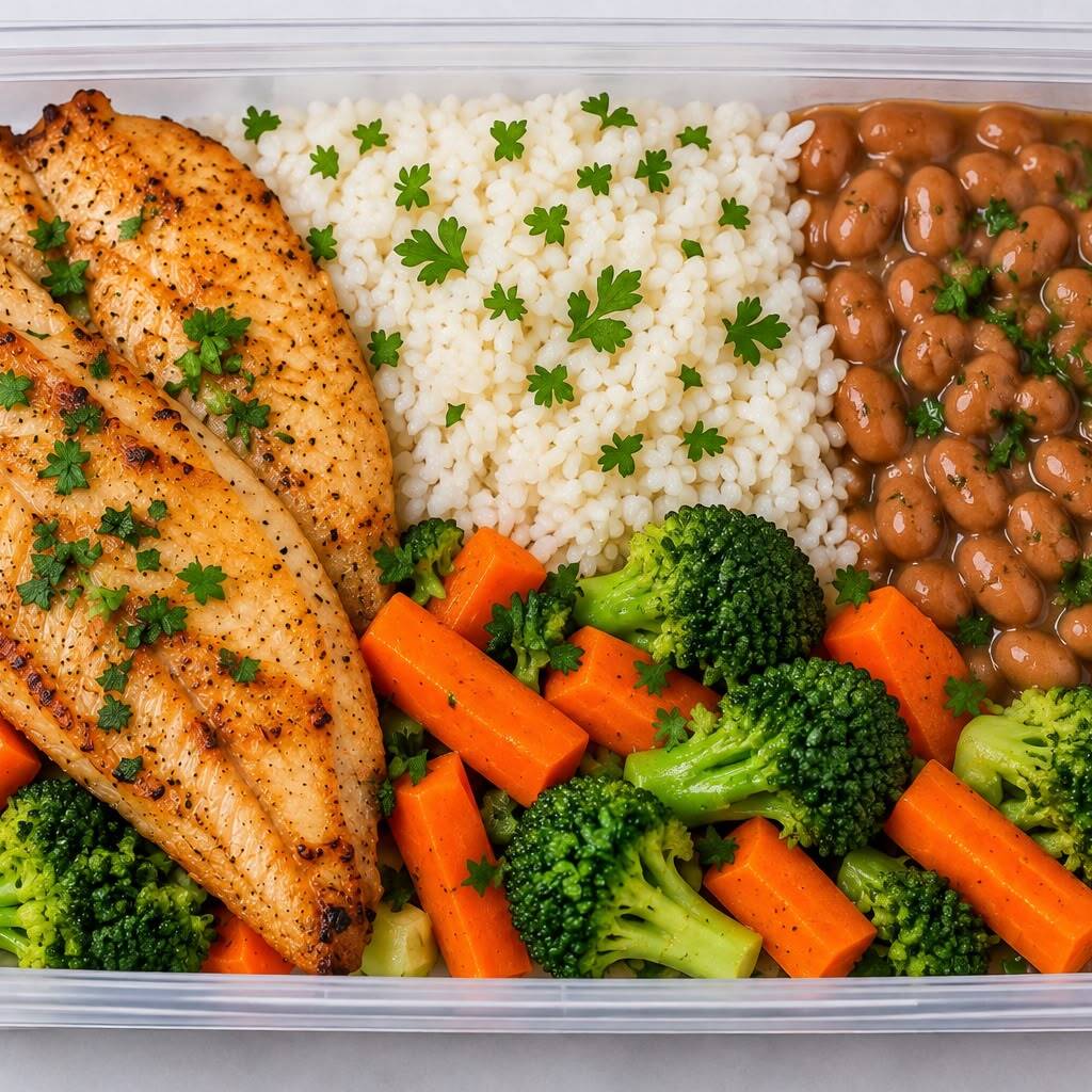 140 g de tilápia grelhada, 130 g de arroz branco cozido, 80 g de feijão e 100 g de legumes. Uma refeição completa e nutritiva. ≈490 kcal | ≈40 g de proteína.