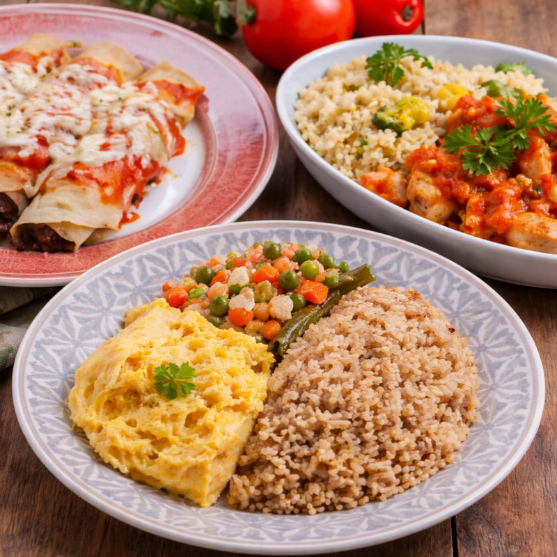 Combo 3 marmitas fitness 350g congelada. Cubos de frango ao sugo e arroz primavera: Arroz integral, file de frango, tomate, cebola, alho, manjericão, orégano, salsinha, sal, pimenta do reino, milho cozido, brócolis, cenoura, batata, ervilha. Fricassê de frango, arroz integral e legumes: Frango desfiado, milho verde, creme de leite, sal rosa, azeite de oliva, cebola, alho, arroz integral, abobrinha, couve flor, cenoura, brócolis, vagem, pimenta em pó e ervas desidratadas. Panqueca de aveia com carne ao molho sugo: Carne bovina, leite, ovos, farinha de aveia, tomate, cebola, alho, manjericão, orégano, salsinha, sal, pimenta e mussarela.