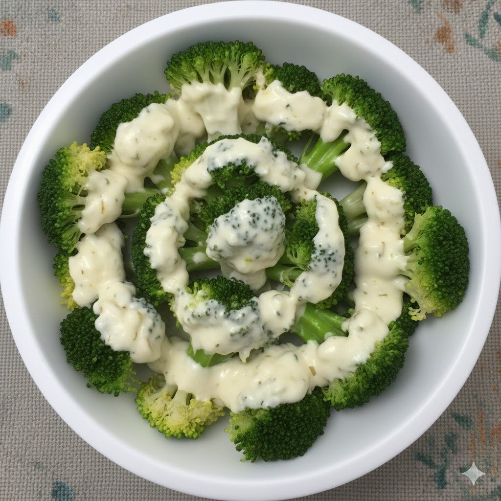 Batata cozida temperada, brócolis refogado ao molho branco com parmesão.