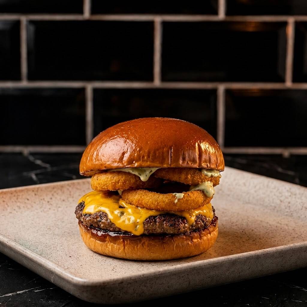 Pão de brioche, blend bovino de 120g, cheddar fatia, anel de cebola, bacon e molho especial