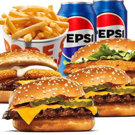 Escolha entre: Cheeseburger, Chicken Jr e Rodeio + Balde de batata + 2 Bebidas.