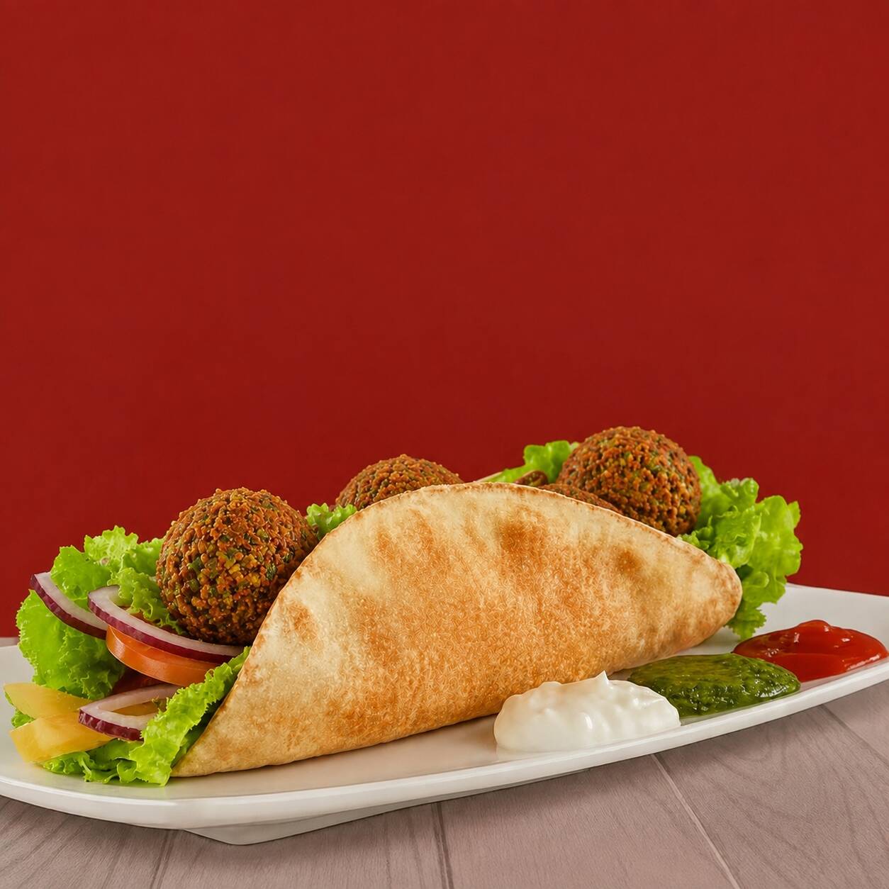 Pão sírio com creme de alho, alface, tomate, cebola, 3 bolinhos de falafel e batata frita por dentro, finalizado na chapa.