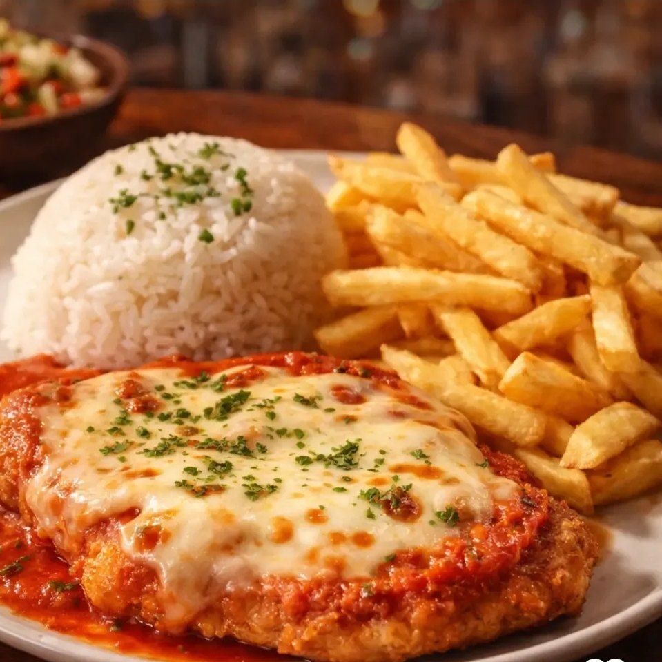 2 Marmitex de parmegiana de frango que acompanha arroz feijão, e fritas