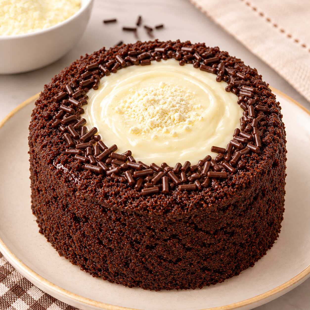 Bolo de Chocolate com Cobertura de Brigadeiro de Ninho Cremoso Finalizado com Nutella e Granulado de Chocolate Branco