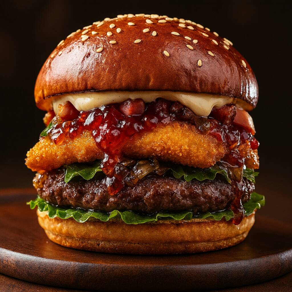 Pão american selado, blend angus 160g, crispy de queijo gouda da Mccain, geléia de pimenta agridoce, bacon em cubos, molho especial, alface e cebola caramelizada.